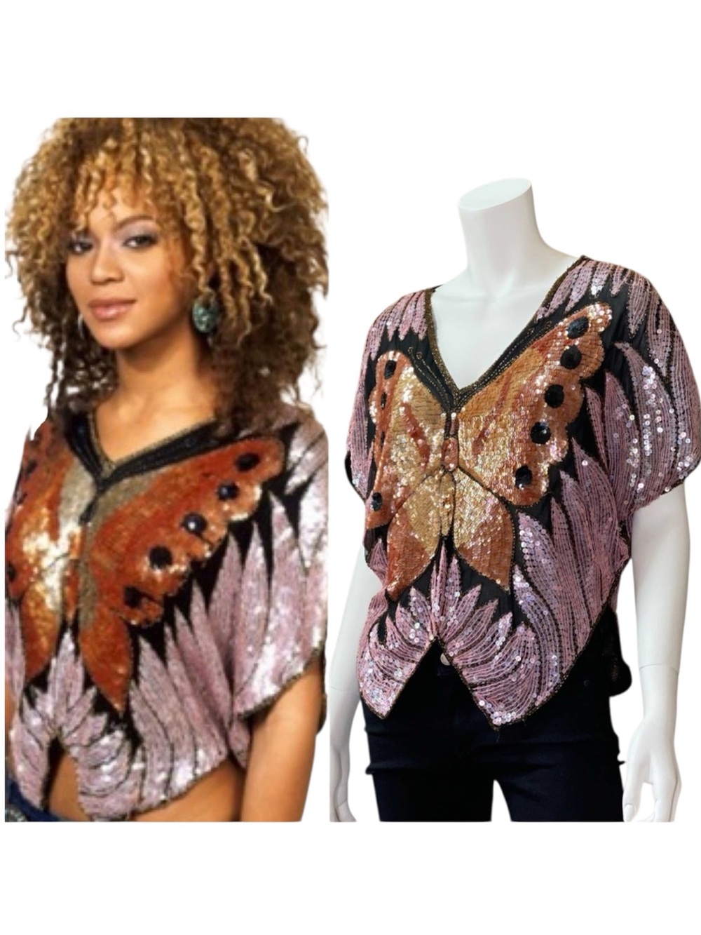 Vintage 100% Silk Butterfly Sequin Top Glam Festival Disco Beyonce Y2K
